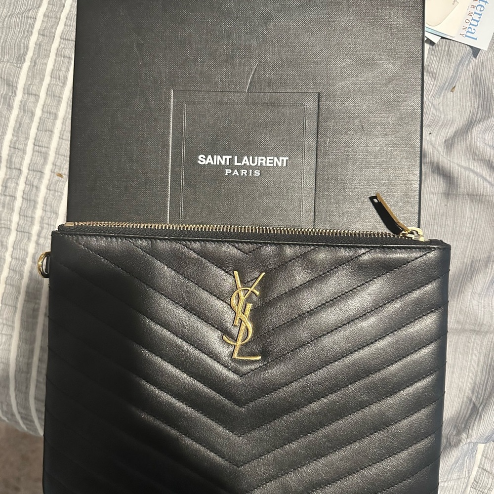 Saint Laurent Black Chevron Clutch with Gold Logo